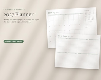 Agenda 2027 à imprimer, format PDF, hebdomadaire et mensuel à remplir, objectifs, format paysage, Lettre et A4, début le dimanche ou le lundi