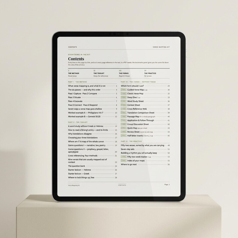 Puede incluir: Una tableta digital que muestra una tabla de contenidos para un kit de mapeo de vers&iacute;culos. La pantalla presenta texto negro sobre un fondo blanco, organizado en secciones tituladas The Method, The Toolkit, The Forms y The Practice, con n&uacute;meros.