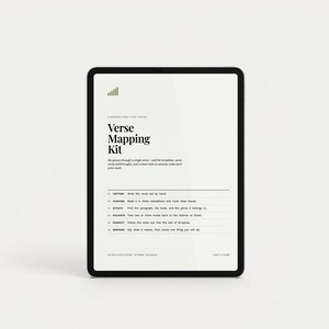 Puede incluir: Una tableta digital que muestra un kit de mapeo de vers&iacute;culos con fondo blanco y texto negro. La pantalla enumera seis pasos: Capture, Compare, Situate, Excavate, Connect, Respond, junto con el texto Letter & Half-Letter, 10 Forms, 52 Verses.