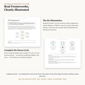 Op de afbeelding: Een document getiteld Real Frameworks, Clearly Illustrated met twee pagina's met diagrammen. E&eacute;n pagina toont het The Six Mismatches-model met zes cirkels rond een centrale kern. De andere pagina toont de Complete the Stress Cycle met zes iconen.