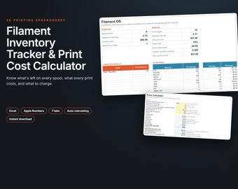 Modèle Excel pour l'impression 3D : tableur et outil de suivi des stocks de filaments, calculateur de coûts et journal d'impression 3D.