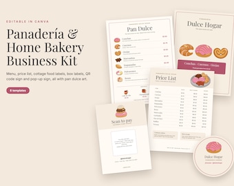 Kit de création d'entreprise de boulangerie (Panadería) pour Canva : menu, étiquettes pour produits artisanaux, liste de prix