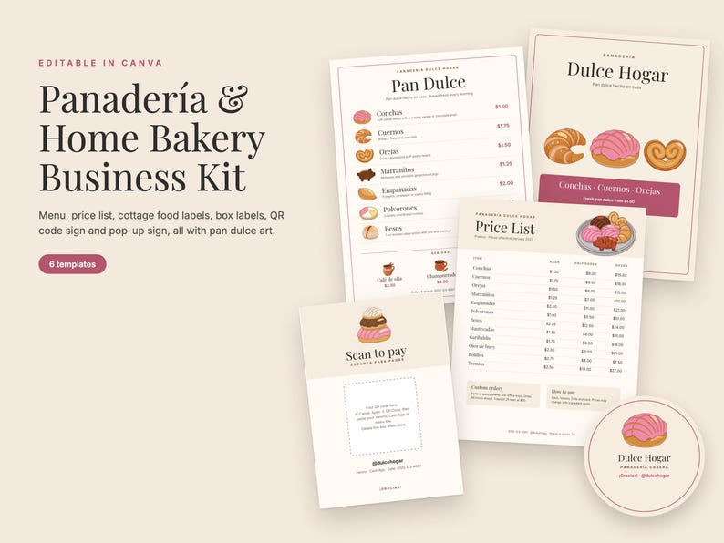 Panadería Bakery Business Kit for Canva: Menu, Cottage Food Labels, Price List image 1