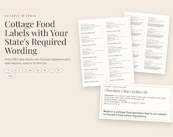 Modèle d'étiquette pour produits artisanaux avec mention obligatoire de l'État, étiquettes de boulangerie modifiables sur Canva, Avery 5163, Texas, Californie, Floride et plus encore