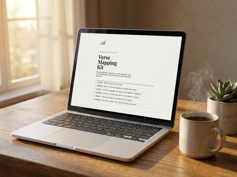 Puede incluir: Una pantalla de port&aacute;til plateada muestra una gu&iacute;a digital Verse Mapping Kit con texto negro sobre fondo blanco. El texto describe pasos que incluyen Capture, Compare, Define, Examine, Connect y Respond para estudiar vers&iacute;culos.