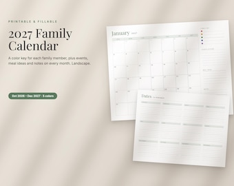 Calendrier familial 2027 à imprimer, calendrier mensuel à remplir avec légende des couleurs familiales, idées de repas, formats Lettre et A4