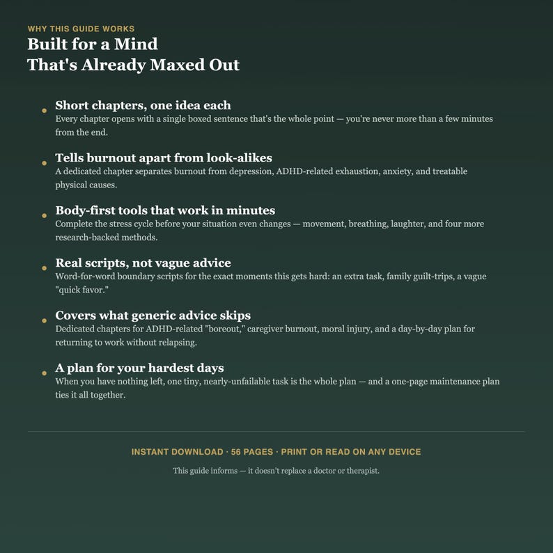 Op de afbeelding: Een donkergroene informatieve afbeelding met de titel Why This Guide Works: Built for a Mind That's Already Maxed Out. Het bevat zes kenmerken: korte hoofdstukken, burn-out differentiatie, lichaamsgerichte tools, echte scripts, specifiek advies en een plan voor moeilijke dagen.