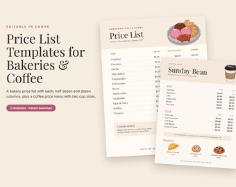 Modèle de liste de prix pour Canva, liste de prix de boulangerie et menu de café modifiables, imprimables
