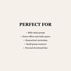 Puede incluir: Un gr&aacute;fico de color beige claro con texto en negro que dice: PERFECT FOR, seguido de una lista con vi&ntilde;etas: Bible study groups, Home offices and study spaces, Homeschool curriculum, Small group resources y Personal devotional time.
