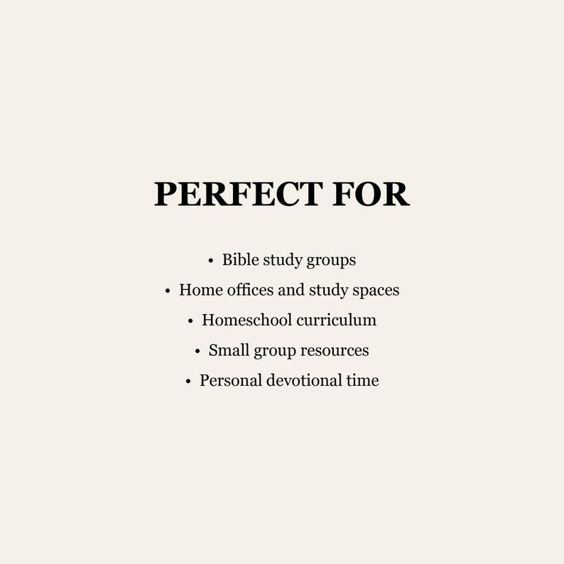 Puede incluir: Un gr&aacute;fico de color beige claro con texto en negro que dice: PERFECT FOR, seguido de una lista con vi&ntilde;etas: Bible study groups, Home offices and study spaces, Homeschool curriculum, Small group resources y Personal devotional time.