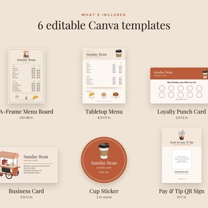 Kit de negocio para carrito de café en Canva: Tablero de menú, tarjeta perforada, letrero con código QR imagen 2