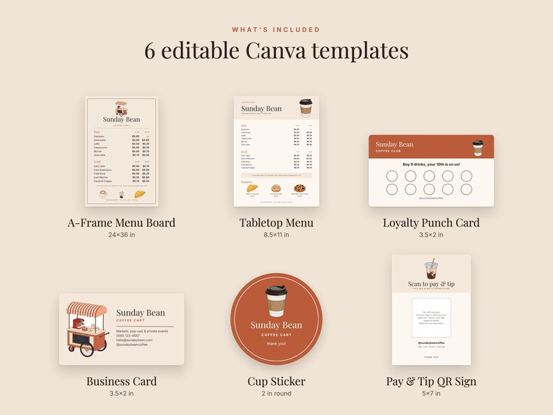 Kit de negocio para carrito de café en Canva: Tablero de menú, tarjeta perforada, letrero con código QR imagen 2