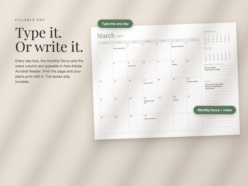 2027 Fillable Calendar, Minimalist Year at a Glance, Monthly Printable Calendar (Digital Download) image 3