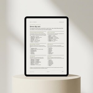 Puede incluir: Una tableta digital que muestra una p&aacute;gina titulada Seven-day sets, con texto negro sobre fondo blanco. El contenido incluye listas estructuradas de referencias b&iacute;blicas organizadas bajo t&iacute;tulos como Walking through a hard season y Learning to pray.