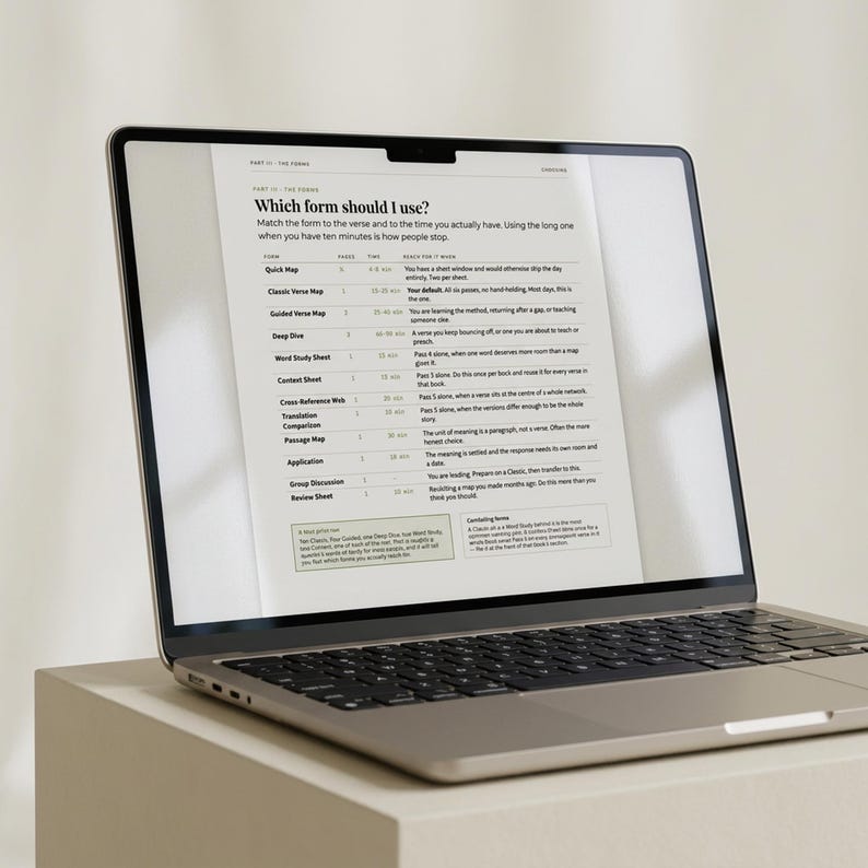 Puede incluir: Un port&aacute;til plateado que muestra un documento titulado Which form should I use? La pantalla presenta una tabla con varios formularios de estudio, su n&uacute;mero de p&aacute;ginas, tiempo requerido e instrucciones, con texto negro sobre fondo blanco.