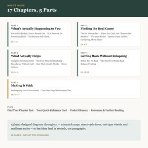 Op de afbeelding: Een digitaal documentoverzicht getiteld What's Inside 17 Chapters, 5 Parts. Het bevat vijf delen met specifieke hoofdstuktitels en subonderwerpen, plus extra bronnen zoals een zakwoordenlijst en 13 handgetekende diagrammen in een 56-pagina PDF.