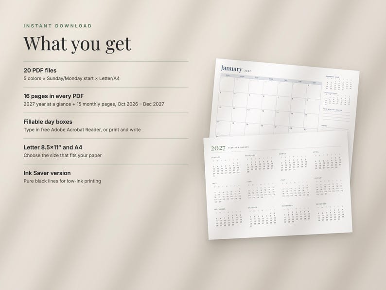 2027 Fillable Calendar, Minimalist Year at a Glance, Monthly Printable Calendar (Digital Download) image 9
