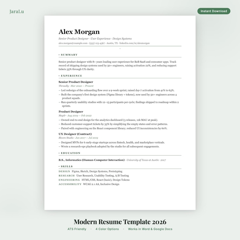 Modelo de currículo compatível com ATS 2026 – Currículo moderno e minimalista com modelo de carta de apresentação (Download digital) imagem 1