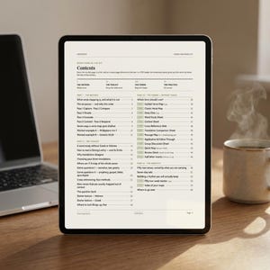 Puede incluir: Una tableta digital que muestra una p&aacute;gina de &iacute;ndice titulada Verse Mapping Kit. El documento enumera secciones que incluyen The Method, The Toolkit, The Forms y The Practice, con subt&iacute;tulos y n&uacute;meros de p&aacute;gina detallados visibles en la pantalla.