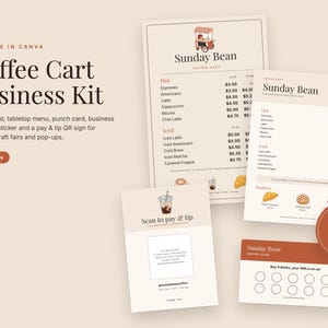 Kit de negocio para carrito de café en Canva: Tablero de menú, tarjeta perforada, letrero con código QR imagen 1