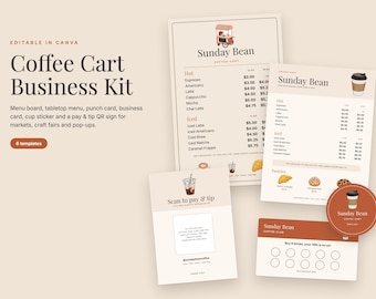 Kit commercial pour chariot de café (Canva) : menu, carte de fidélité, panneau QR code