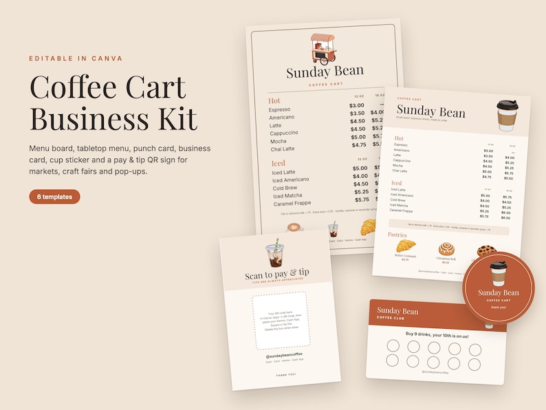 Kit de negocio para carrito de café en Canva: Tablero de menú, tarjeta perforada, letrero con código QR imagen 1