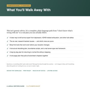 Op de afbeelding: Een digitale gids getiteld Complete Guide - 17 Chapters: What You'll Walk Away With. Het beschrijft een pad van burn-out naar een concreet plan, met zes onderzochte oorzaken, lichaamsgerichte tools, een rustkader en een samenvattend plan.
