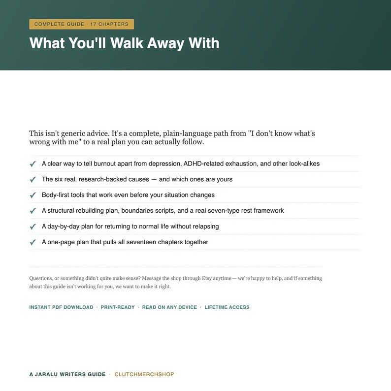 Op de afbeelding: Een digitale gids getiteld Complete Guide - 17 Chapters: What You'll Walk Away With. Het beschrijft een pad van burn-out naar een concreet plan, met zes onderzochte oorzaken, lichaamsgerichte tools, een rustkader en een samenvattend plan.