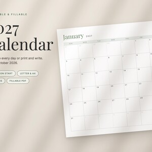 2027 Fillable Calendar, Minimalist Year at a Glance, Monthly Printable Calendar (Digital Download) image 1