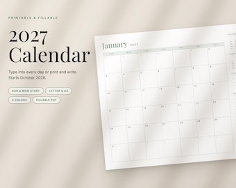 Calendrier 2027 à remplir, aperçu minimaliste de l'année, calendrier mensuel à imprimer (téléchargement numérique)