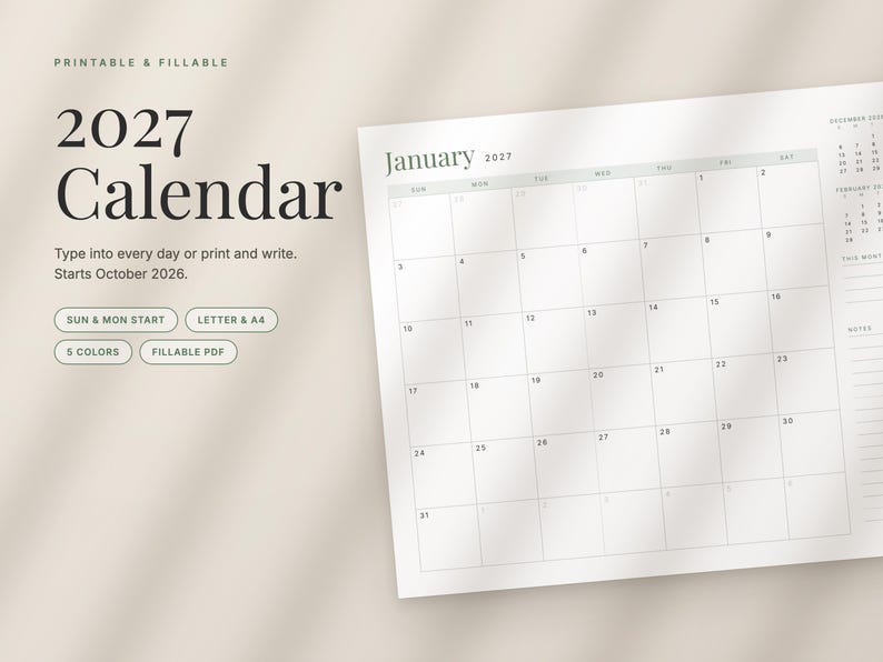 2027 Fillable Calendar, Minimalist Year at a Glance, Monthly Printable Calendar (Digital Download) image 1