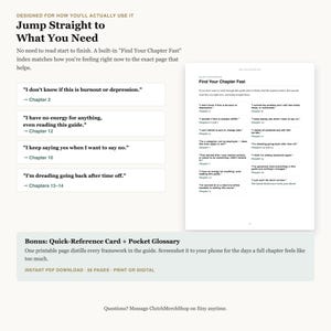 Op de afbeelding: Een digitale gids-pagina getiteld Jump Straight to What You Need met een Find Your Chapter Fast-index. Het bevat emotionele toestanden zoals burn-out of depressie en verwijst naar hoofdstukken. Inclusief een bonus Quick-Reference Card.