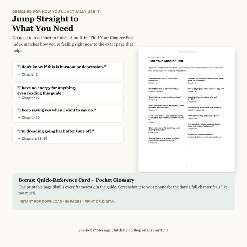 Op de afbeelding: Een digitale gids-pagina getiteld Jump Straight to What You Need met een Find Your Chapter Fast-index. Het bevat emotionele toestanden zoals burn-out of depressie en verwijst naar hoofdstukken. Inclusief een bonus Quick-Reference Card.