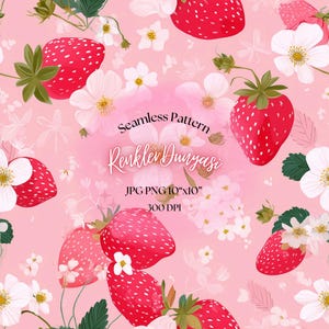 Könnte beinhalten: Ein nahtloses Muster mit leuchtend roten Erdbeeren mit weißen Samen und grünen Blättern, durchsetzt mit weißen und rosa Blüten auf einem weichen rosa Hintergrund. Der Text "Seamless Pattern" und "Renkler Dunyasi" sind angezeigt.