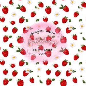 Könnte beinhalten: Ein nahtloses Muster mit Aquarellillustrationen von roten Erdbeeren, weißen Gänseblümchen und grünen Blättern auf weißem Hintergrund. Das Bild enthält den Text "Seamless Pattern" und "Renkler Dunyasi".
