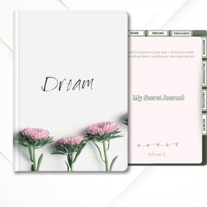 May include: A white journal with the word "Dream" written in black cursive script. The journal has a pink and green floral design on the front cover. The text "My Secret Journal" is written in black on the pink cover of the journal. The journal has tabs for different categories, including "Home", "Dreams", "Thoughts", "Emotions", "Relationship", "Gratitude", and "Secrets".