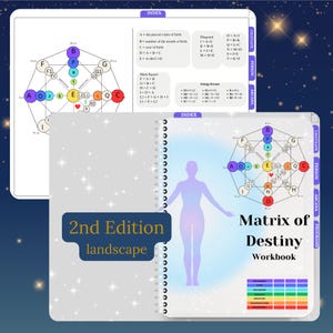 Op de afbeelding: Een werkboek met de titel "Matrix of Destiny" met een landschapsontwerp van de tweede editie. De omslag heeft een lichtblauwe en witte achtergrond met een witte omtrek van een persoon met uitgestrekte armen. De omslag bevat ook een kleurrijk diagram met een ster in het midden.