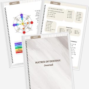 May include: A white journal with the title "Matrix of Destiny Journal" printed in brown text. The journal has a spiral binding and a white background with a subtle grey marble pattern.