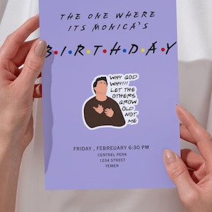 Bewerkbare verjaardagsuitnodiging voor vrienden - "The One Where" verjaardagsuitnodiging | Feest met vriendenthema | Paarse CANVA-sjabloon | Direct downloaden