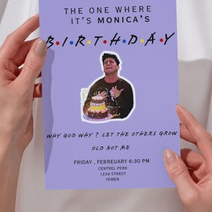 Bewerkbare verjaardagsuitnodiging voor vrienden - "The One Where" verjaardagsuitnodiging | Feest met vriendenthema | Paarse CANVA-sjabloon | Direct downloaden