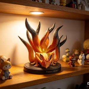 以下が含まれることがあります： オレンジと黒の毛並みを持つ九尾の狐のフィギュアで、黒い円形の台座の上に配置されています。生き物はしゃがんだ姿勢で、背後には複数の尾が扇状に広がっています。台座にはPrimary Impactという文字が刻まれています。