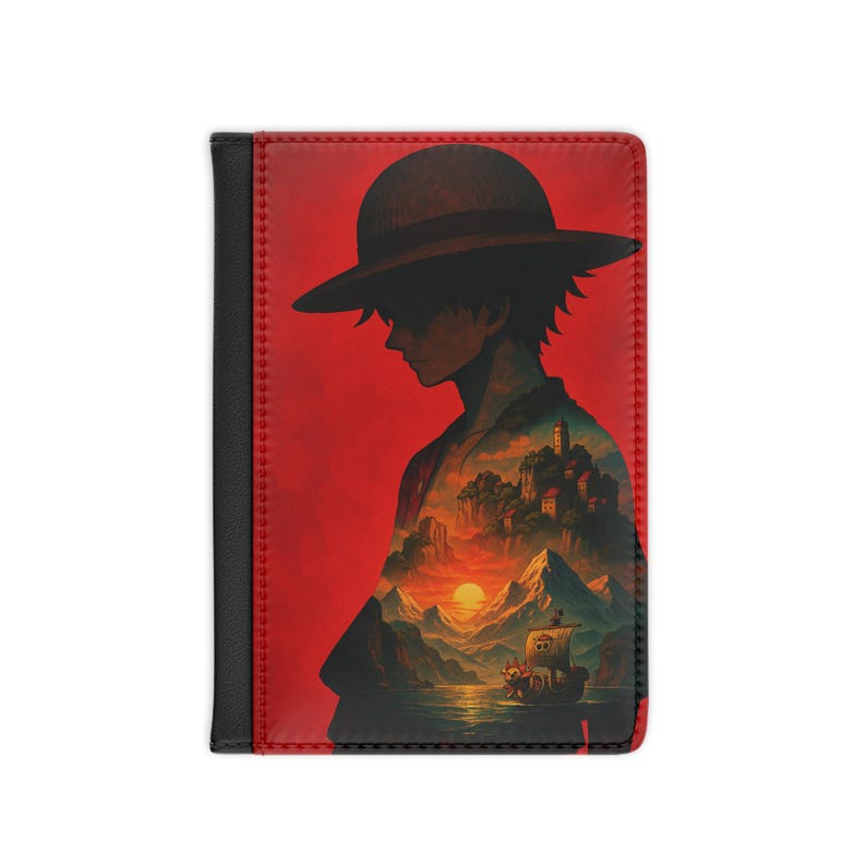 One Piece Luffy Passport Holder Anime Travel Wallet Straw Hat Pirate Gift for Manga Fans Going Merry Sunset Design image 4