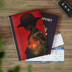 One Piece Luffy Passport Holder Anime Travel Wallet Straw Hat Pirate Gift for Manga Fans Going Merry Sunset Design image 5