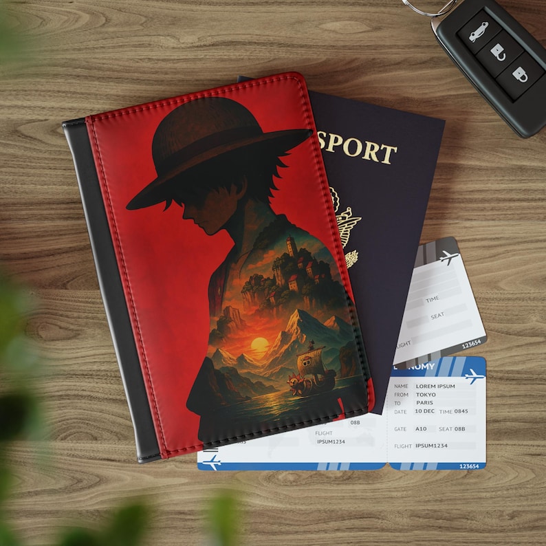 One Piece Luffy Passport Holder Anime Travel Wallet Straw Hat Pirate Gift for Manga Fans Going Merry Sunset Design image 5