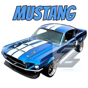 Blue Ford Mustang Clip Art – Classic Muscle Car PNG – High Resolution, Transparent Background – Digital Download for Crafts & Prints