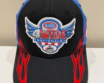 NHRA 4-Wide Nationals 2024 Hat Charlotte NC zMAX Dragway New w/ Tags Large front patch Flame embroidery on brim and sides Drag Racing Pro