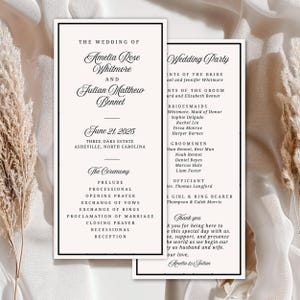 Puede incluir: Invitación de boda elegante con los nombres de Amelia Rose Whitmore y Julian Matthew Bennet, con fecha del 21 de junio de 2025. Incluye detalles de la ceremonia y la lista de invitados, con un diseño clásico.