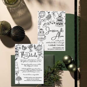Invitación de boda caprichosa/Detalles / Caprichosa, Dibujo, Invitación de boda, Blanco y negro, Divertida, Única, Invitación detallada, Arte de collage