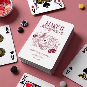 May include: A deck of playing cards with the text "MAKE IT Thirty FOR ME" and a decorative illustration. The deck is surrounded by playing cards, poker chips, and confetti on a pink surface. The text "MEREDITH'S 30TH BIRTHDAY" is also visible.