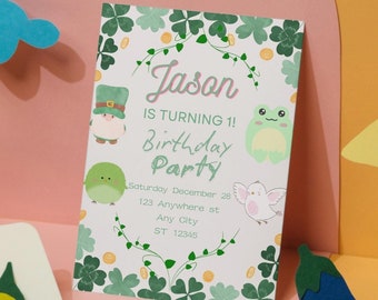 Boy's 1st Birthday Invitation Editable Template Canva Design Instant Download Baby's First Birthday Gift Four-leaf Clover Saint Patrick Card